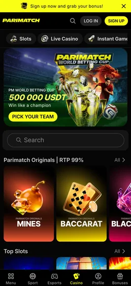 Pantalla de casino en una app móvil